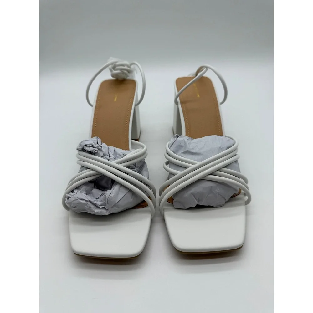 PrettyLittleThing White Strappy Lace Up Block Heel Sandals Square Toe Womens 9